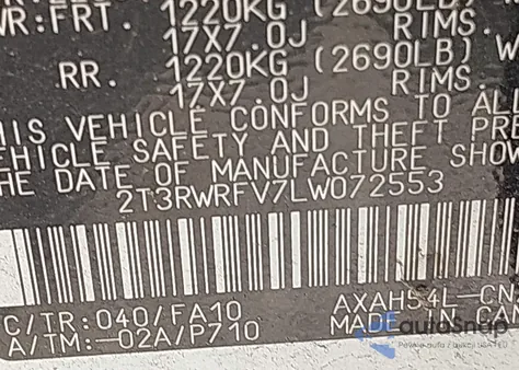 2020 Toyota Rav4 Hybrid Xle из США, поврежденный, VIN 2T3RWRFV7LW072553